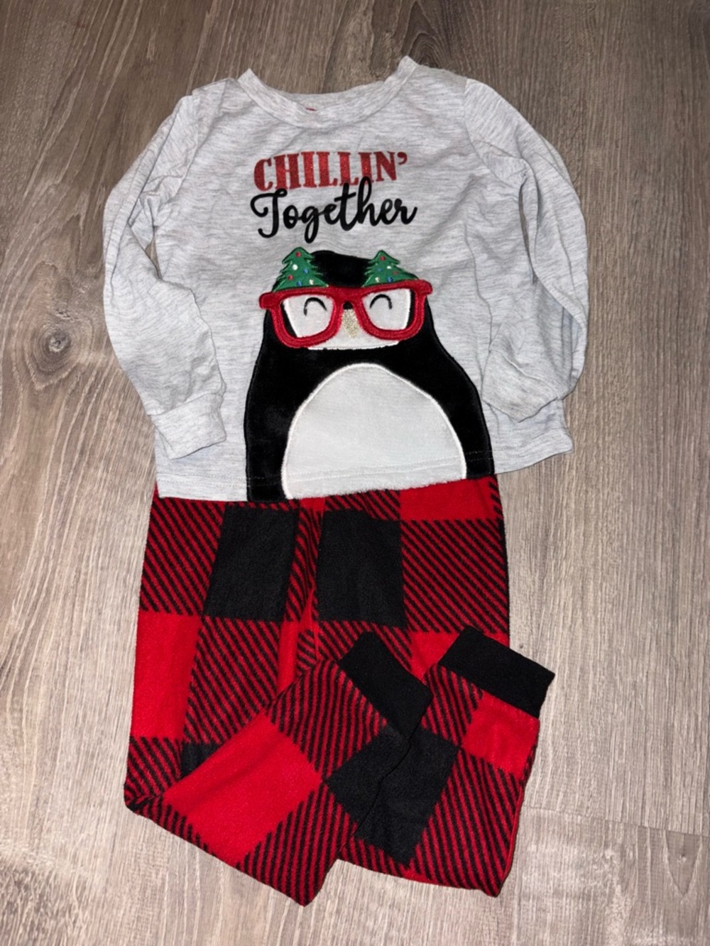 Holiday Time Red Black Gray Penguin "Chillin' Together" Kids Pajama Set